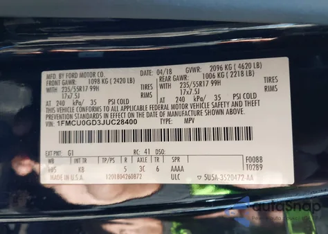 2018 Ford Escape Se from USA, damaged, VIN 1FMCU0GD3JUC28400